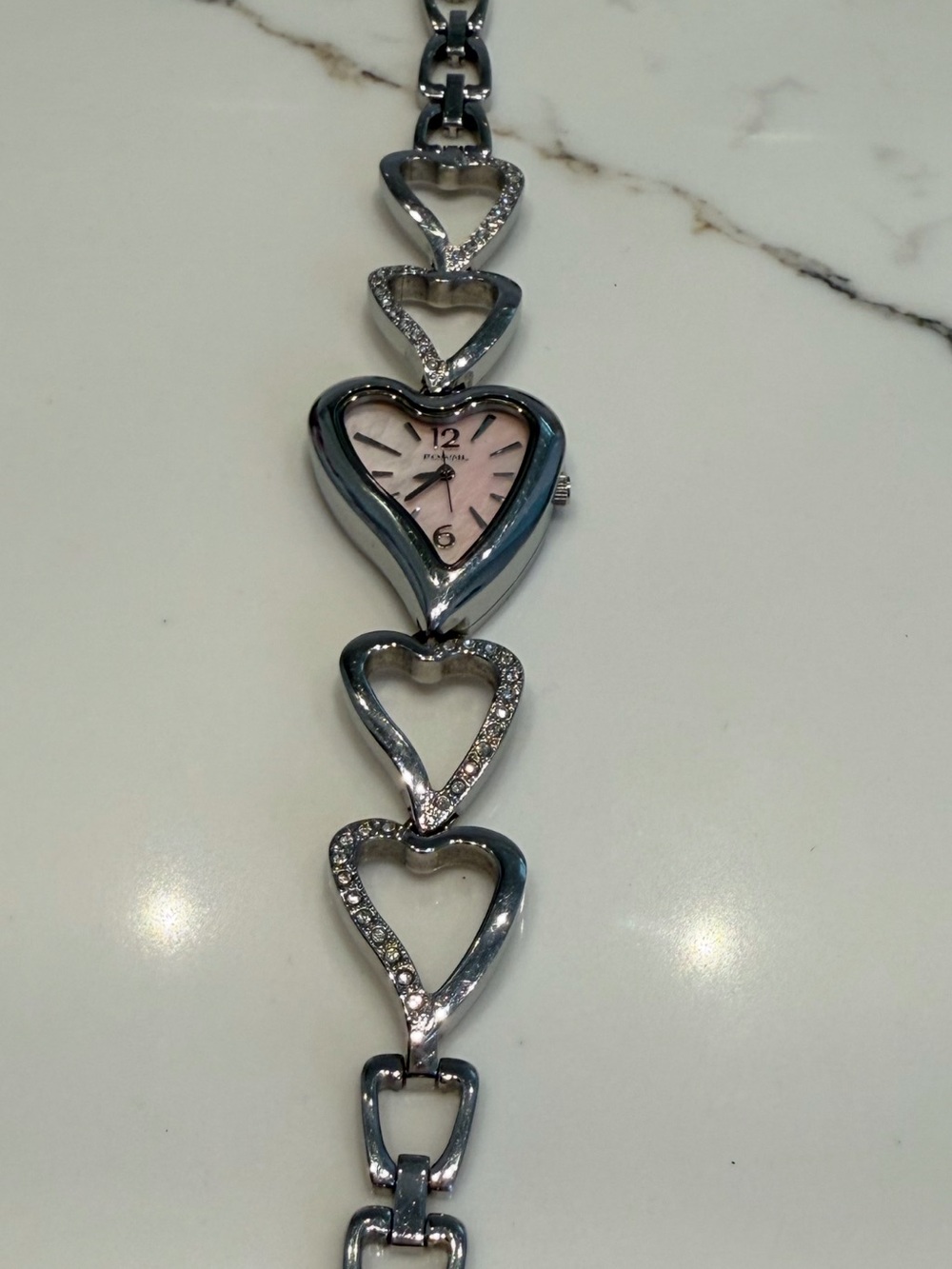 Fossil Silver Bracelet Watch with Pink Heart Dial